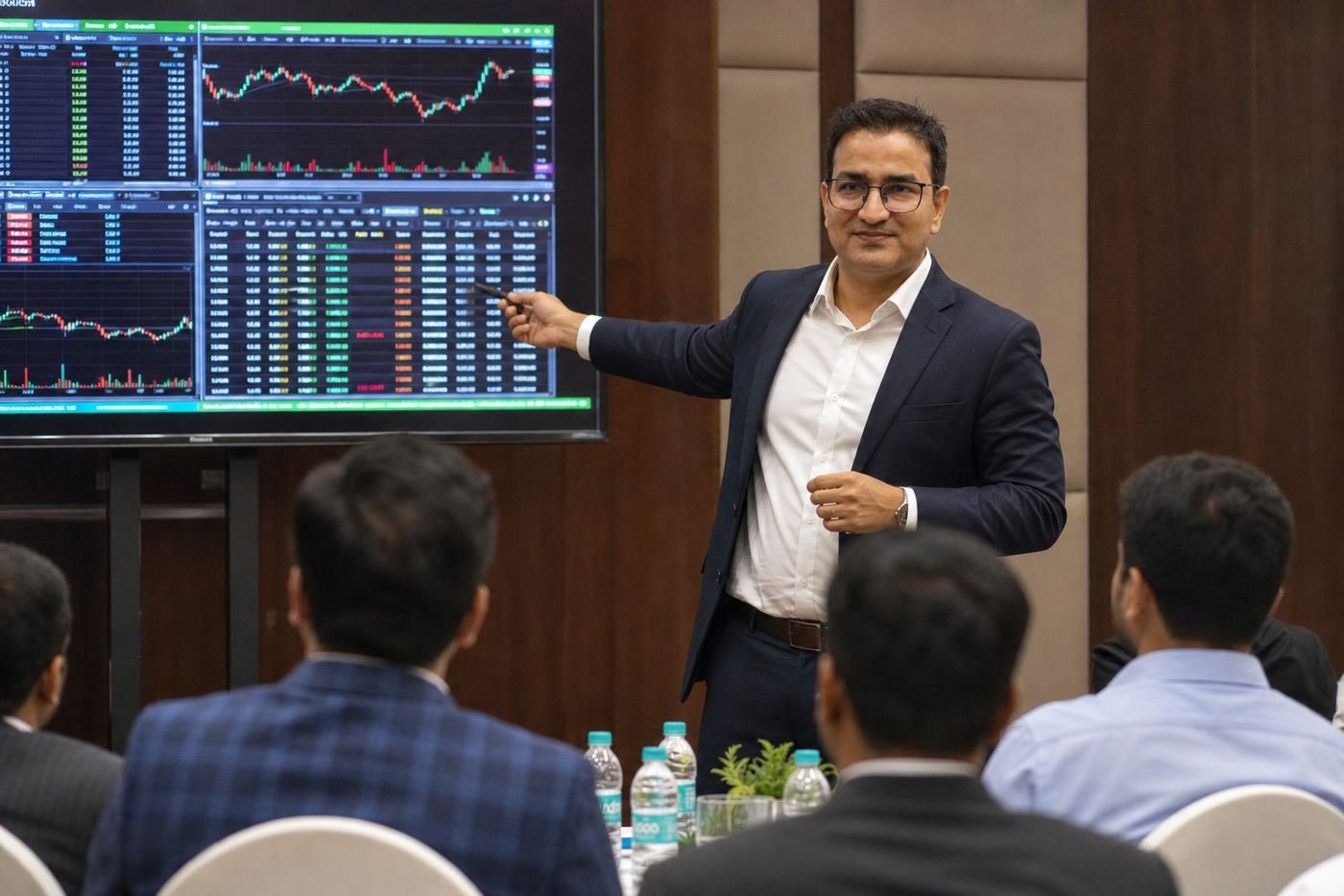 Amit Guruh presenting live market analysis to investors in a boardroom